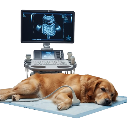 A calm dog receiving a veterinary ultrasound examination.